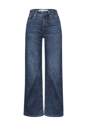 Jeans a gamba larga in denim blu scuro, con vita alta, tasche anteriori e chiusura classica a bottoni e zip. Orlo uniforme.