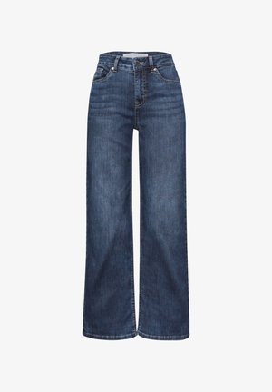 Jean large en denim bleu foncé, avec taille haute, poches avant et fermeture classique à boutons et à glissière. Ourlet uniforme.