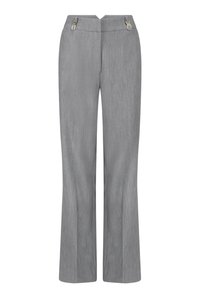 Grijze rechte kleedbroek met hoge taille en decoratieve gouden sluitingen op de tailleband.