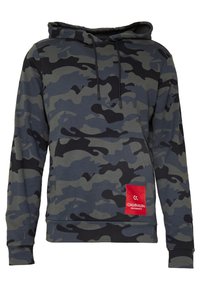 Hoodie camouflé aux nuances de gris et noir, doté d'une capuche avec cordon de serrage et d'un écusson rouge du logo Calvin Klein Performance sur le devant.