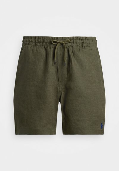 Alyvuogių žalios lino šortai su elastine juosta ir reguliuojamu raiščiu. Kairiajame šlaunyje yra mažas mėlynas logotipas.