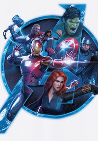 Avengers-themed illustration featuring characters in vibrant colors, with metallic accents and bold outlines on a blue circular background.
