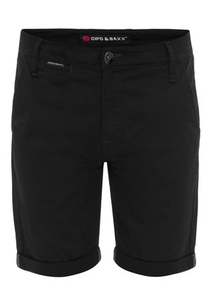 Schwarze Baumwollshorts mit umgeschlagenem Saum, ausgestattet mit einem klassischen Frontknopfverschluss und zwei seitlichen Taschen, glatte Textur und schlichtes Design.