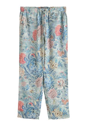 Hellblaue Schlafanzughose mit einem mehrfarbigen Blumenmuster aus rosa, roten, gelben und blauen Blumen sowie einem elastischen Bund mit Kordelzug.