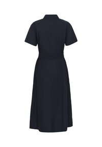 Robe midi bleu marine à manches courtes avec col et ceinture, vue de dos sur fond blanc.