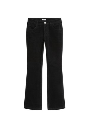 Zwarte corduroy broek met voorzakken, riemlussen en een knoopsluiting, ontworpen met een lichte uitlopende pijp.