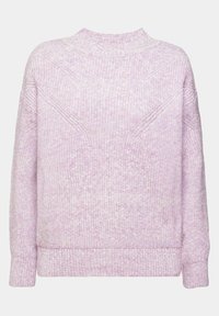 Pull tricoté lavande clair avec un col montant, des manches longues et des motifs texturés, doté de poignets et d'un ourlet côtelés.