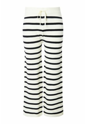 Gestreifte weite Hosen in Creme und Schwarz, mit einem Kordelzugbund und einem weichen, strukturierten Stoff.