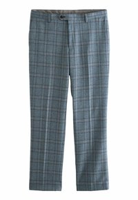 Grau gewebte Hosen mit einem Karomuster, die subtile blaue und kastanienbraune Linien aufweisen, flacher Bund und Standardbund mit einem Knopfverschluss vorne.