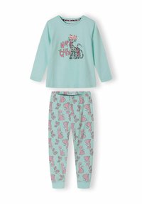 Conjunto de pijama de algodón azul claro que incluye una camiseta de manga larga con un gráfico de un gato y pantalones decorados con un patrón de gatos en colores coordinados.