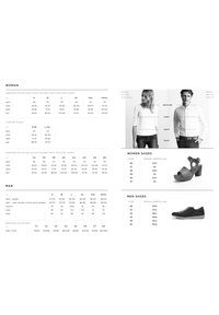 Tabla de tallas para ropa de hombres y mujeres, que detalla las dimensiones para altura, pecho, cintura y caderas con las etiquetas de tamaño correspondientes.