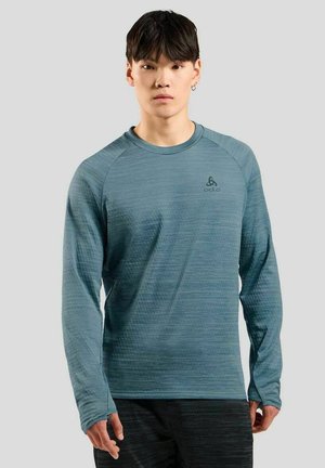 Langarmlong sleeve sportshirt in teal met gestructureerde stof en een ronde hals. Beschikt over een subtiele logo op de borst en raglanmouwen.