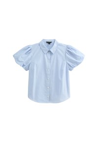 Light blue striped short-sleeve button-up shirt with a collar and puffed sleeves. Made of smooth fabric, featuring a rounded hem and simple buttons.