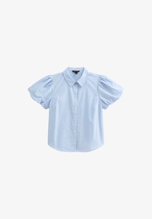 Camicia blu chiaro a righe con maniche corte, colletto e maniche a sbuffo. Realizzata in un tessuto liscio, presenta un orlo arrotondato e bottoni semplici.