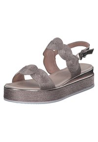 Metallisch bronze Plattformsandalen mit geflochtenen Riemen, offener Zehe und einem Knöchelriemen mit Schnalle. Strukturiertes Fußbett und glatte Sohle.