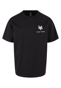 Svart bomull t-skjorte med kort erme, rund hals og en hvit "ZOO YORK" logo med et emblem på venstre bryst.
