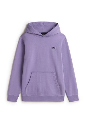 Hoodie violet en coton, avec une poche avant, une capuche avec cordon de serrage et un petit graphique de skateboard noir sur la poitrine.