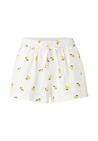 Pantaloncini bianchi in cotone con elastico in vita e coulisse, decorati con piccole stampe di limoni gialli e foglie verdi.
