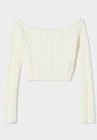 Cropped off-white sweater with cable knit texture, off-the-shoulder design, and long sleeves. Ribbed hem and cuffs.