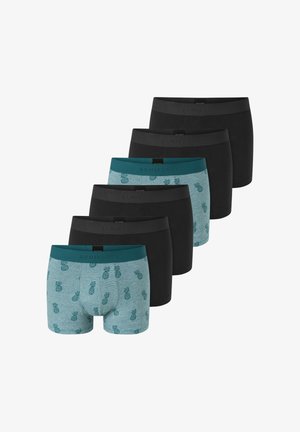 Sechs Herren-Boxershorts: vier in einfarbigem Schwarz, eine in Türkis mit Ananas-Motiv und eine in dunklem Türkis mit Bund. Weiches Baumwollmaterial.