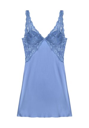 Vestito sottoveste in raso azzurro chiaro con coppe e spalline in pizzo, caratterizzato da dettagli in pizzo floreale e una gonna liscia e fluente.