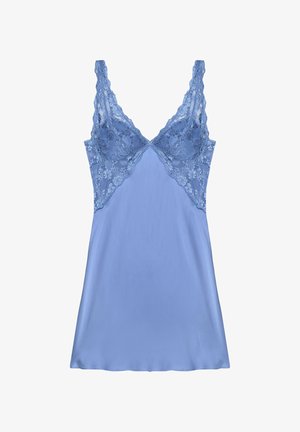 Vestito sottoveste in raso azzurro chiaro con coppe e spalline in pizzo, caratterizzato da dettagli in pizzo floreale e una gonna liscia e fluente.