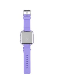 Orologio quadrato con cinturino in silicone viola chiaro, cassa trasparente e fibbia in metallo. Il retro presenta una superficie argentata con marchio CE.