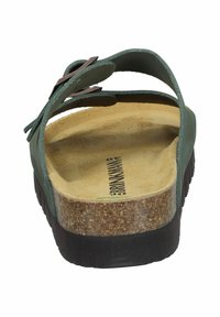 Green sandal with two straps, cork footbed, flexible rubber sole, and a smooth texture. Features a metal buckle accent.