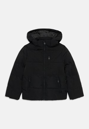Black puffer jacket with a hood, featuring a front zipper, two zippered pockets, quilted design, and a smooth texture.