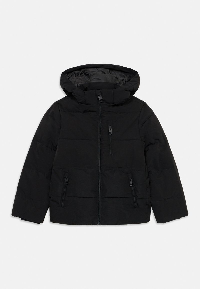 Black puffer jacket with a hood, featuring a front zipper, two zippered pockets, quilted design, and a smooth texture.