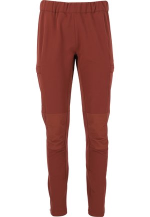  rostfarbene, dehnbare Hosen mit einem Bund, zwei Seitentaschen, verstärkten Kniebereichen und einer glatten Textur. Geeignet für Freizeitaktivitäten.