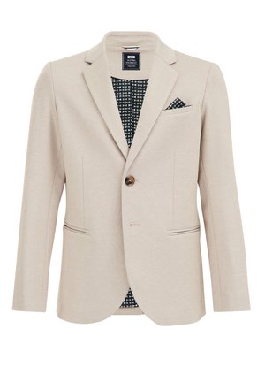 Beiger, taillierter Blazer aus strukturiertem Stoff, mit einem Knopf, eingefassten Revers und gemusterter Innenauskleidung sowie einer Tasche für ein Einstecktuch.