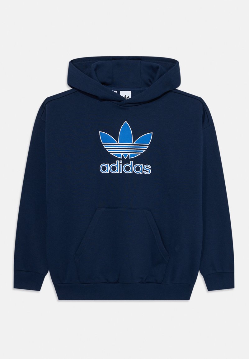Sweatshirt azul-marinho feito de um material misto de algodão. Apresenta um bolso frontal tipo canguru e um grande logotipo azul da Adidas com um gráfico de três riscas.