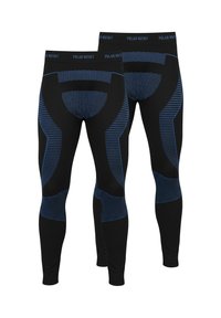Schwarze Leggings mit blauen Streifenakzenten und kreisförmigen Mustern. Für sportliche Aktivitäten konzipiert, mit enger Passform und dehnbarem Stoff.