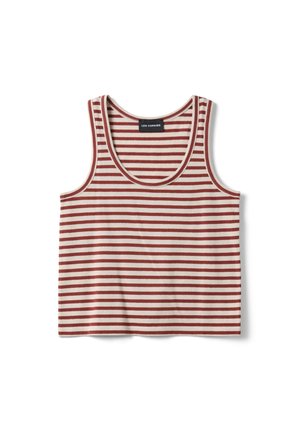 Camiseta sin mangas con rayas horizontales en blanco y color óxido, escote redondo y etiqueta "Les Copains" dentro del cuello.