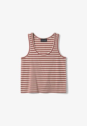 Camiseta sin mangas con rayas horizontales en blanco y color óxido, escote redondo y etiqueta "Les Copains" dentro del cuello.