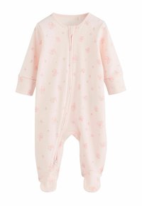 Lichtroze babyrompertje met lange mouwen, voetjes, rits aan de voorkant en een kleine verspreide bloemenprint in zachte roze tinten.