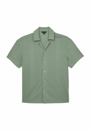 Short-sleeve button-up shirt in light green, textured fabric with a collar, five buttons down the front, and a straight hem.