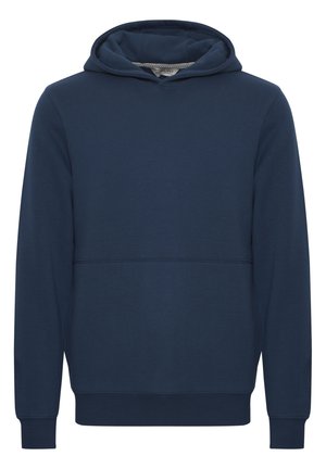 Marineblaue Kapuzenjacke aus weichem Stoff, mit Kordelzugkapuze, langen Ärmeln und einer horizontalen Nahtdetails über der Brust.