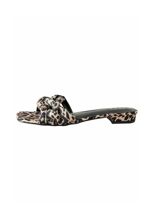 Leopard print slide sandal with a knotted design on the strap, flat heel, and an open toe. Made from synthetic material.