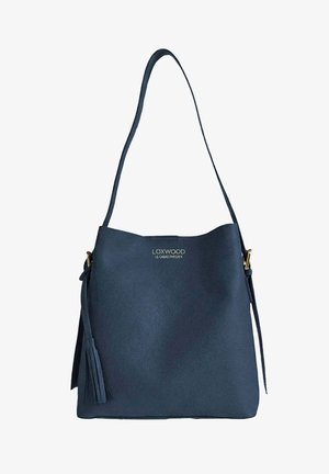 Sac à bandoulière en cuir bleu marine avec détail en gland, quincaillerie dorée et "Loxwood Le Cabas Parisien" embossé sur le devant.