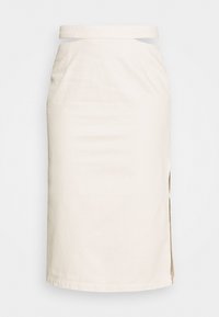 Beige puuvillasta valmistettu kynähame, jossa on sivuhalkio ja vyölenkit. Sileä rakenne, tiukka malli ja polvenpituinen leikkaus.