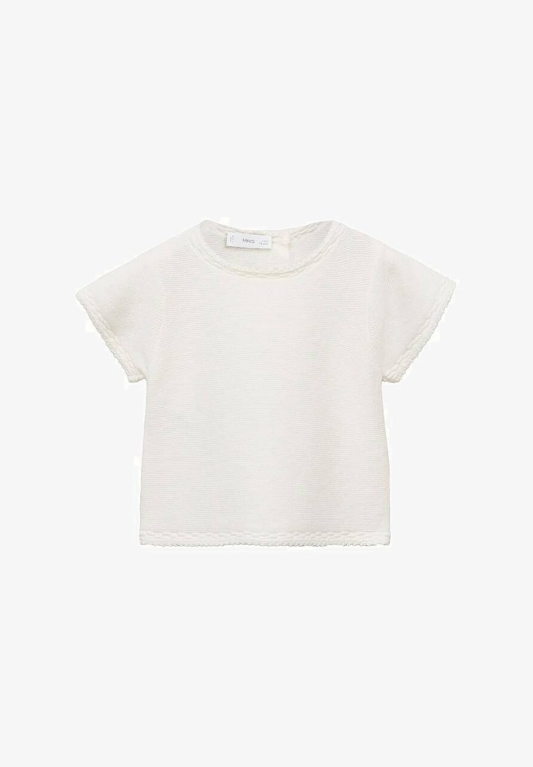Maglietta bianca a maniche corte in maglia con scollatura rotonda e finitura testurizzata. Presenta un delicato bordo ondulato lungo l'orlo e le maniche.