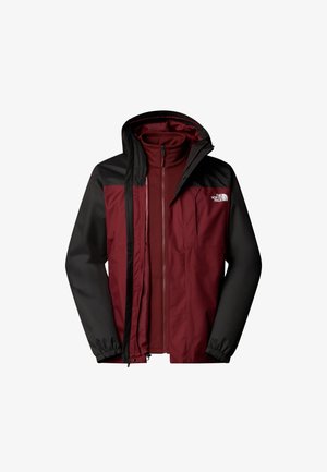Water-resistant jacket featuring a maroon body, black sleeves, zip front, adjustable hood, and elastic cuffs. Includes multiple front pockets.