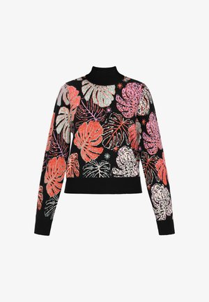 Must musternike, millelõiguga, millel on roosade, oranžide ja helesiniste värviliste lillemustritega. Tekstureeritud kudum.