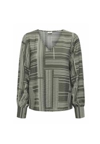 Blusa verde oliva con scollo a V, maniche lunghe e motivi geometrici a righe bianche. Il tessuto strutturato e i polsini arricciati aggiungono dettagli.