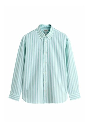 Hellblau-weiß gestreiftes Hemd mit langen Ärmeln, Knopfleiste, spitzem Kragen und geknöpften Manschetten.
