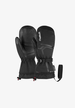 Black waterproof mittens made of leather and fabric, featuring a cinched wrist, adjustable strap, and textured accents for grip.