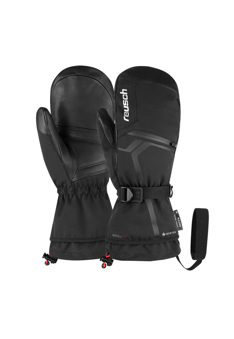 Schwarze wasserdichte Handschuhe aus Leder und Stoff, mit einem geschnürten Handgelenk, verstellbarem Riemen und strukturierten Akzenten für besseren Grip.