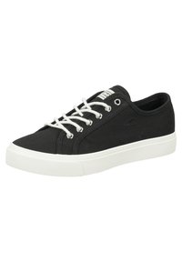 Schwarze Leinenschuhe mit weißen Schnürsenkeln, Gummisohle, runder Zehenpartie und verstärkter Naht an den Seiten. Logosticker auf der Zunge.